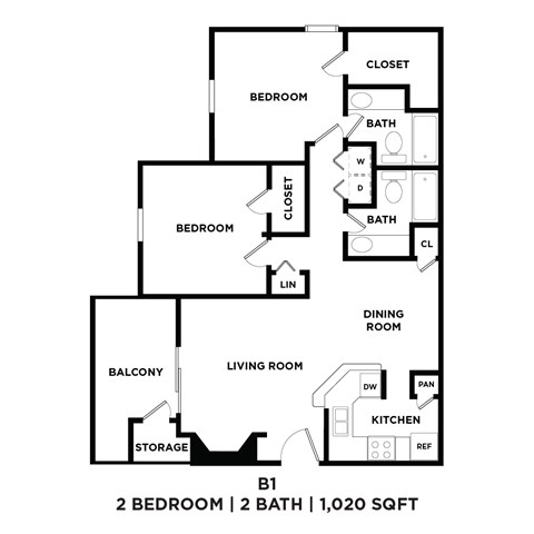 A floor plan of a 2 bedroom, 2 bathroom apartment sized at 1,020 square feet.